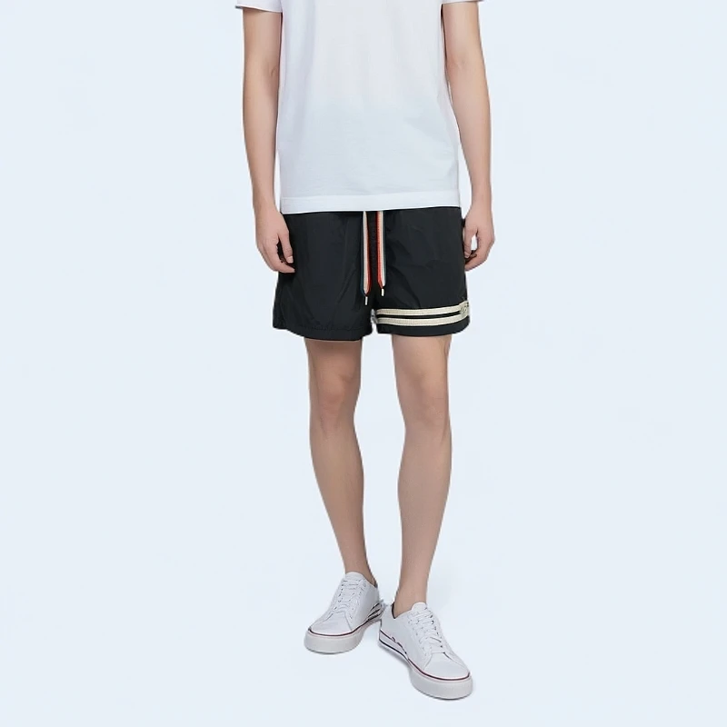 95新 MONCLER 12296437 logo条纹抽绳短裤 黑色 M码