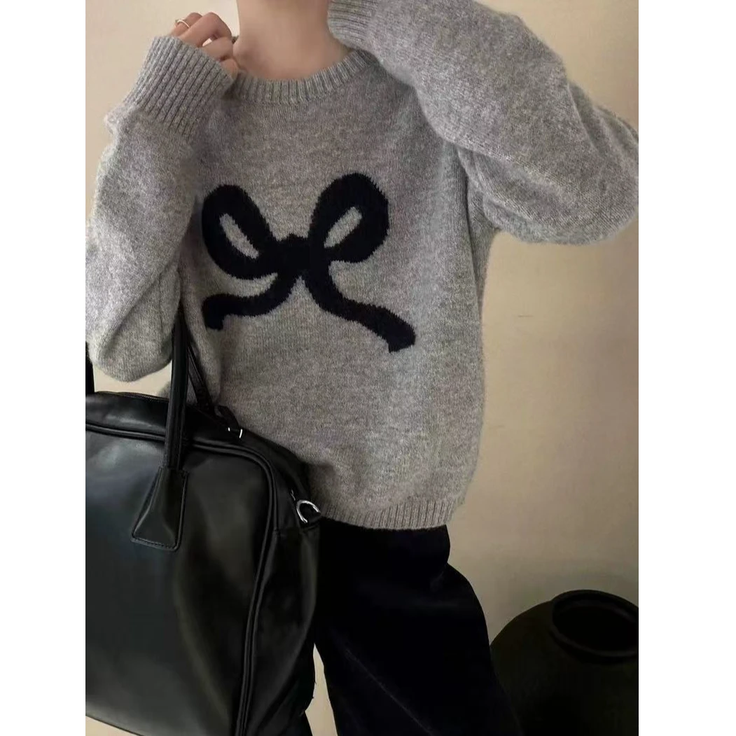 【专属】洋气毛衣套头女宽松百搭圆领慵懒风花纱针织衫外套气质上衣