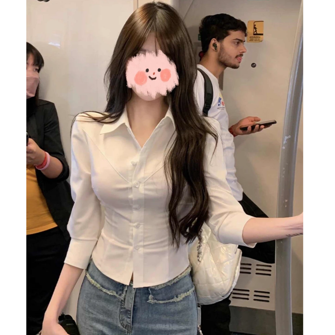 清纯感白色七分袖修身百搭白衬衫休闲紧身气质半袖衬衣女