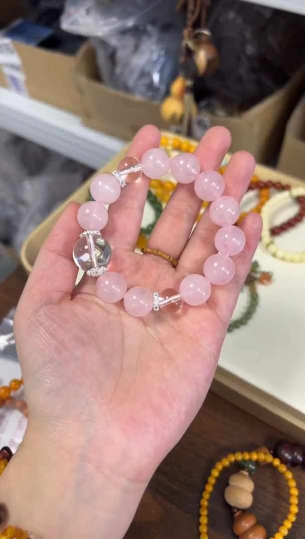 水晶手链未镶嵌马粉粉水晶大珠白水晶手串[0794]