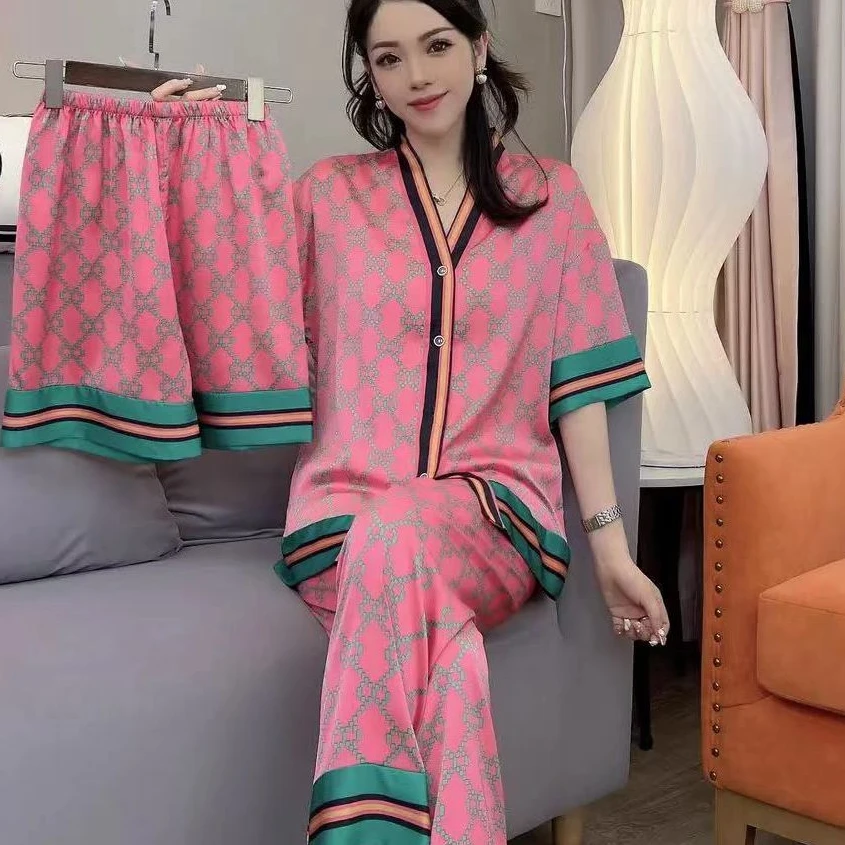 FANCBUDY睡衣女夏季新款冰丝时尚短袖长裤薄款三件套短裤家居服