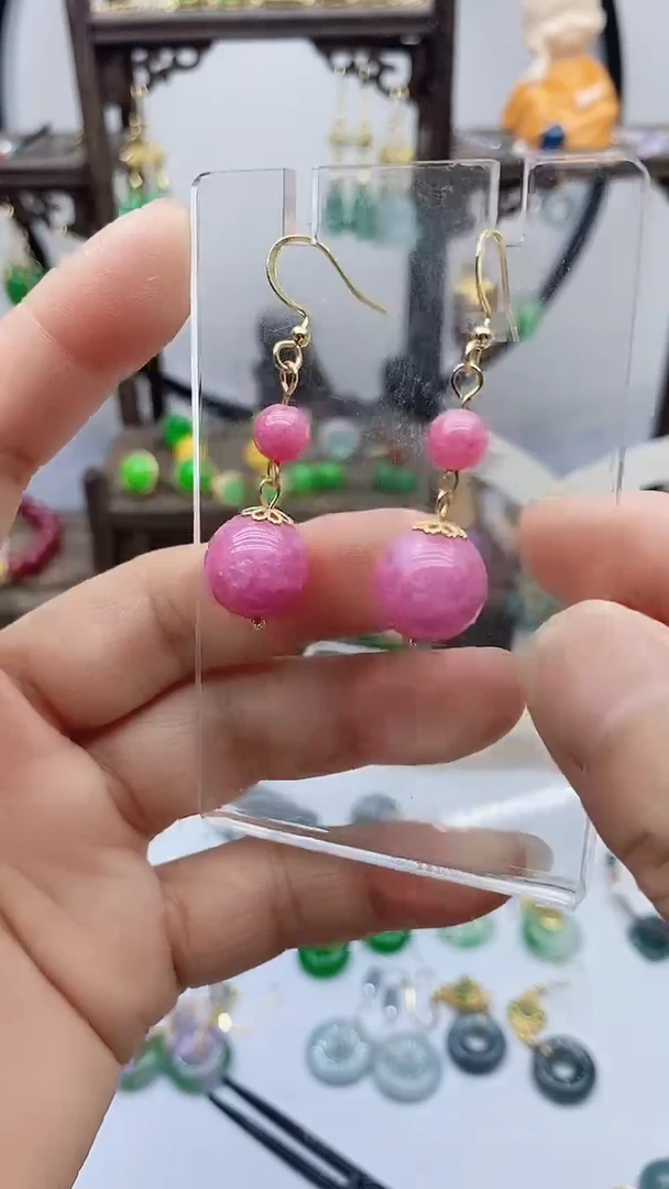 菱锰矿（红纹石）14K金镶嵌耳饰36