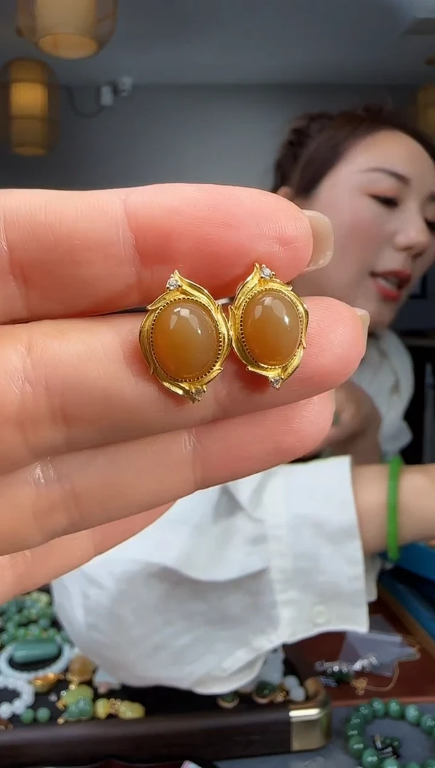 和田玉银S925镶嵌耳饰1