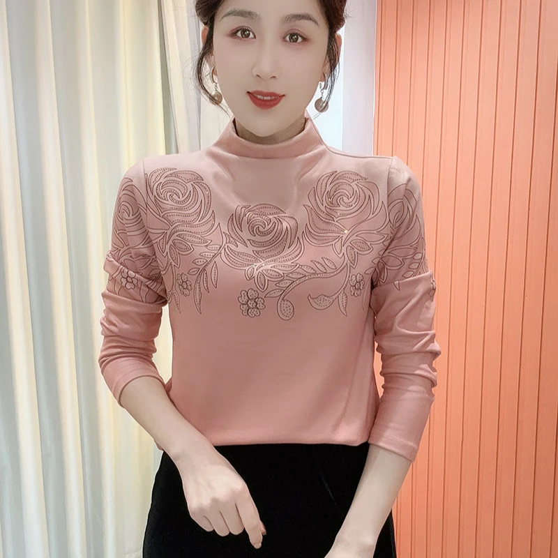 2025冬季新款半高领印花气质百搭长袖减龄加绒打底衫上衣女796