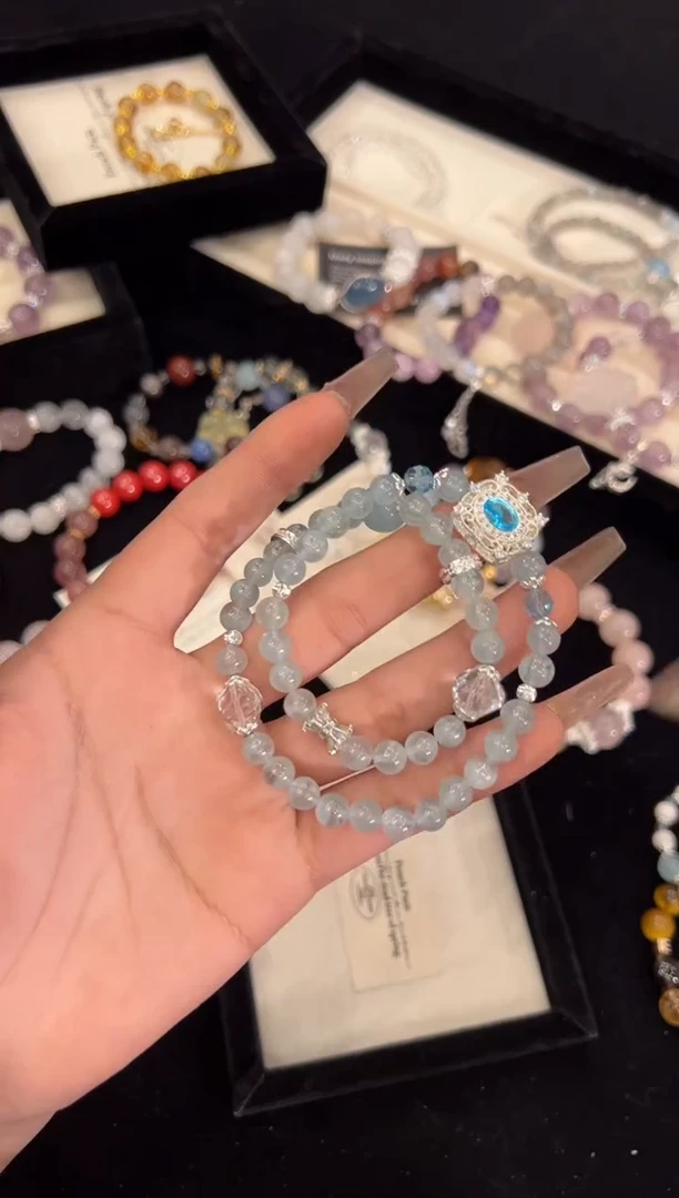 【闪购商品】水晶手链合金海蓝宝双圈手链x489