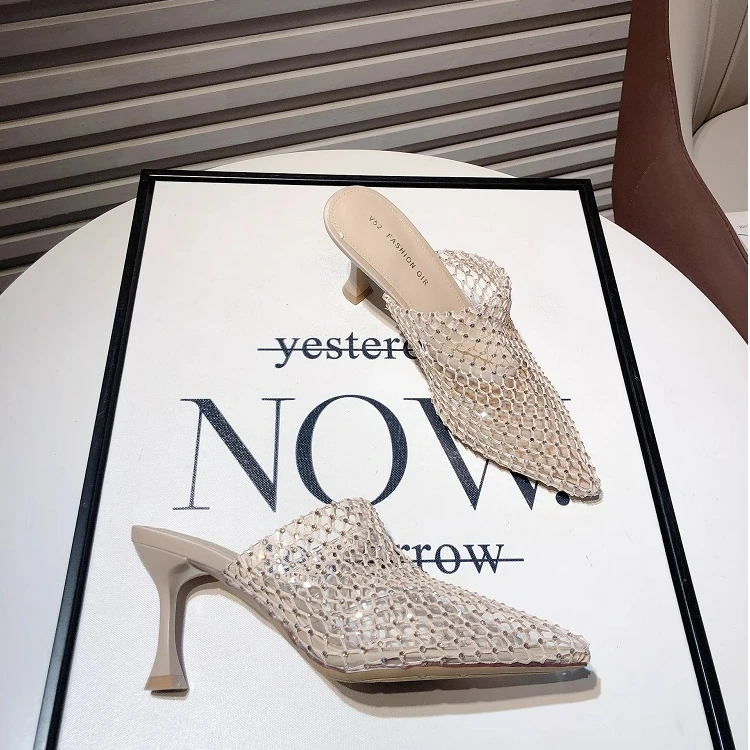 SIJIERUI水钻网纱细跟包头凉拖鞋女2025年夏季法式尖头高跟半拖鞋