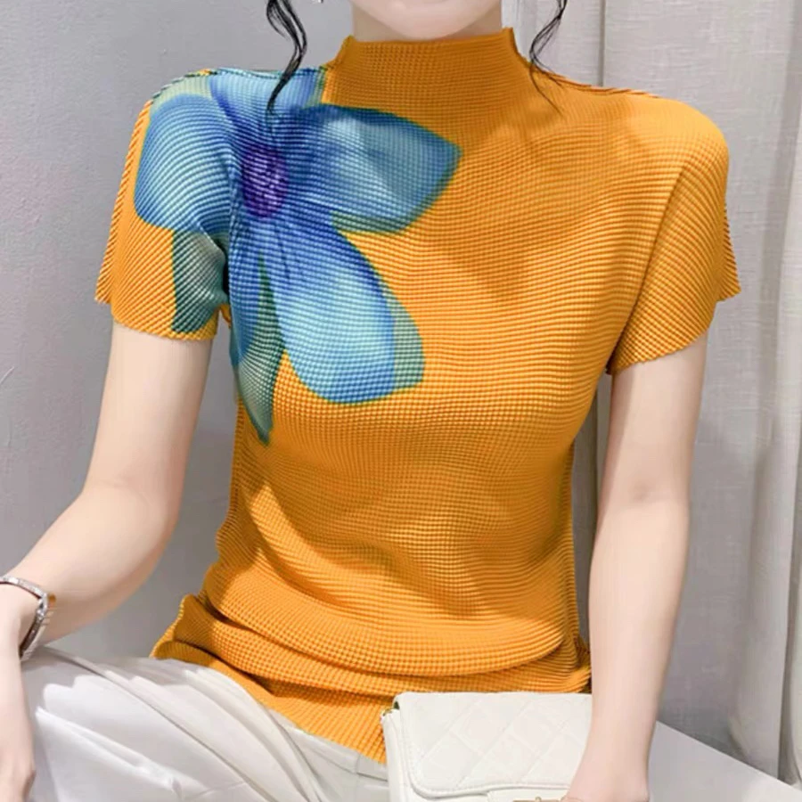 谢红9696褶皱高级感印花上衣女短袖夏修身洋气小衫气质半高领t恤
