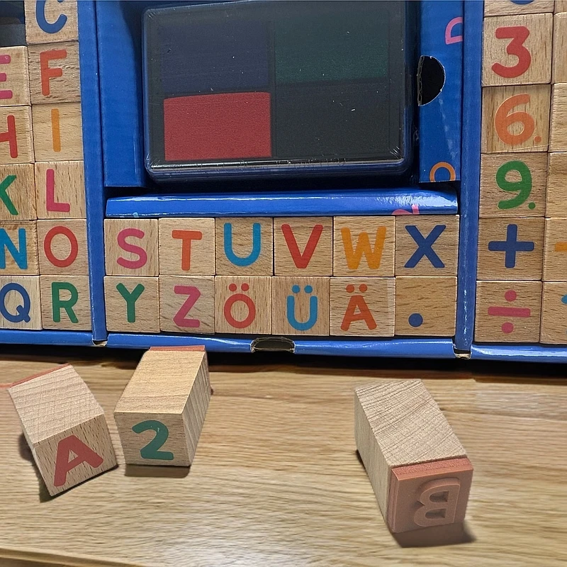 带印泥48枚榉木木质印章数字字母图形基础印章木质手账印章