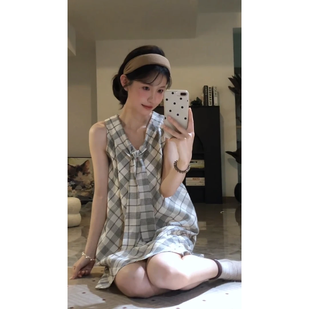 parkyeon夏季韩系学院风气质绑带无袖连衣裙女设计感格纹裙子潮