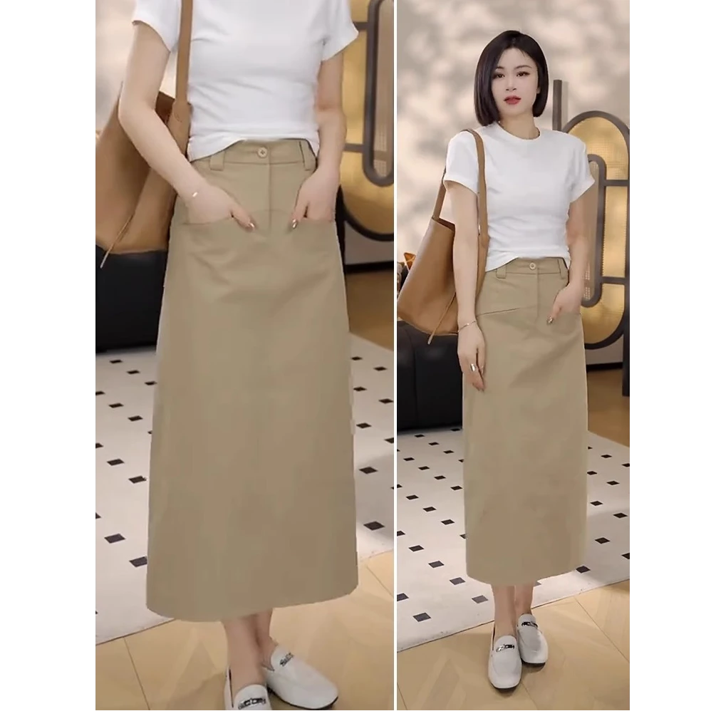 开叉半身裙女春秋季2025新款高腰中长款休闲a字包臀一步直筒长裙