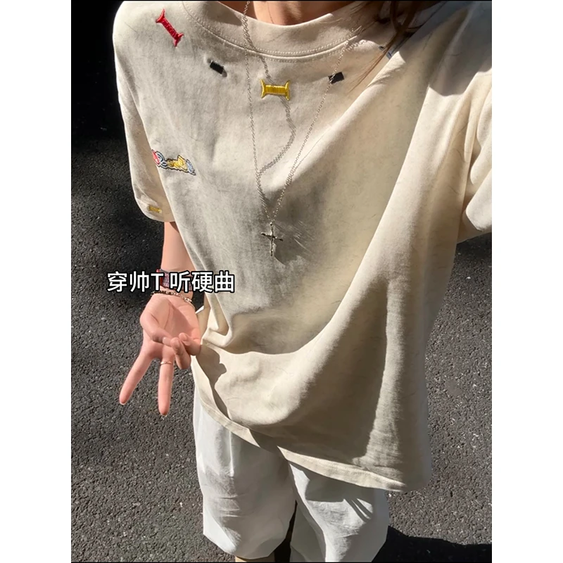 美式砂洗刺绣t恤男款夏季设计感冰丝正肩短袖宽松潮牌痞帅五分袖
