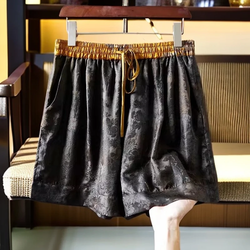 新中式醋酸阔腿短裤女提花五分中裤时尚百搭复古显瘦宽松高腰休闲