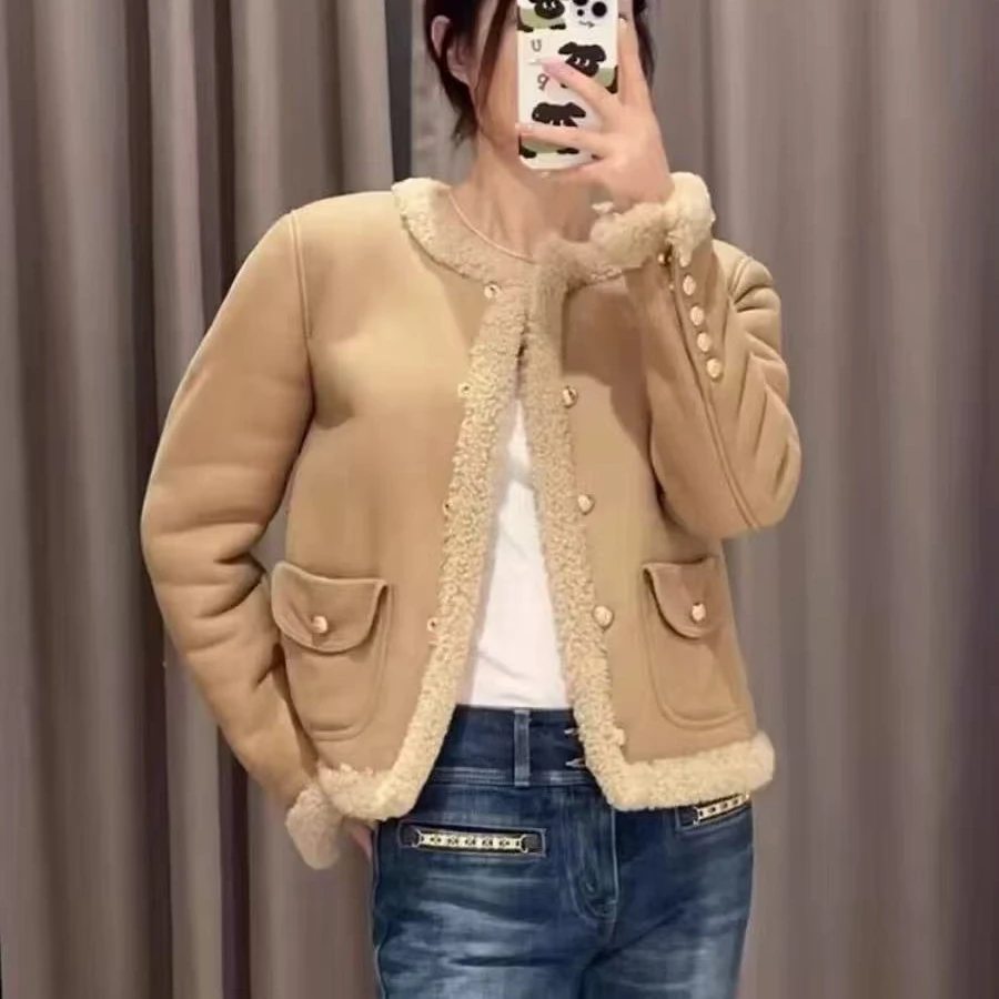 A95小香风外套2025新款女装羊羔毛加绒皮毛一体小个子短款上衣