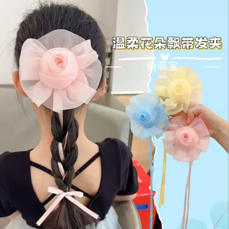 【俏萌宝】网纱玫瑰花朵飘带发夹女碎发刘海夹后脑勺半扎发鸭嘴发卡