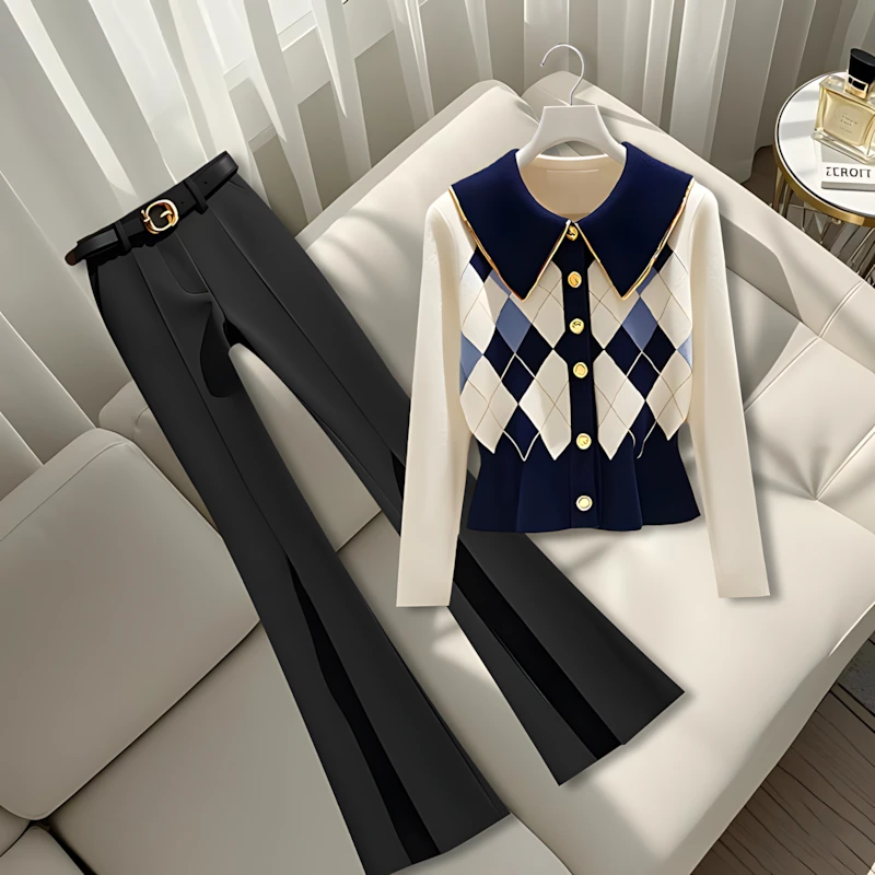 早秋法式洋气欧式知性温柔复古一整套针织菱形轻熟上衣微喇裤套装