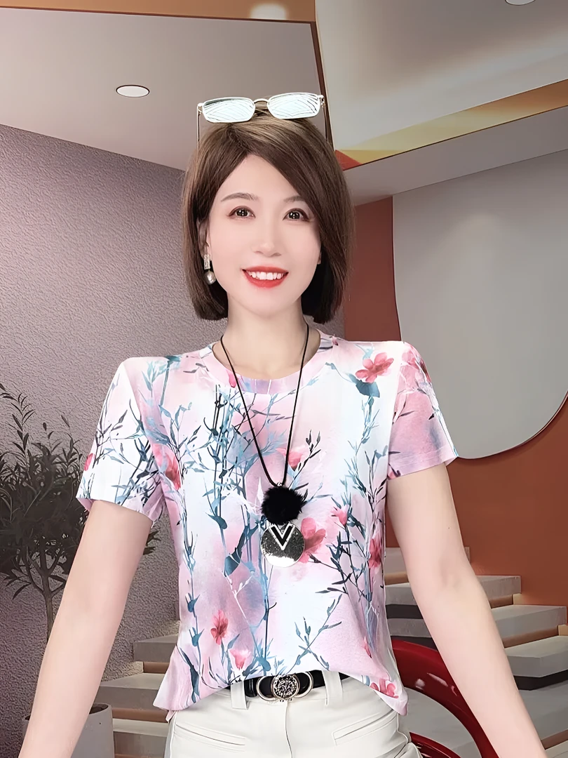 花色短袖t恤女2025夏季新款时尚全身印花修身显瘦百搭设计感上衣