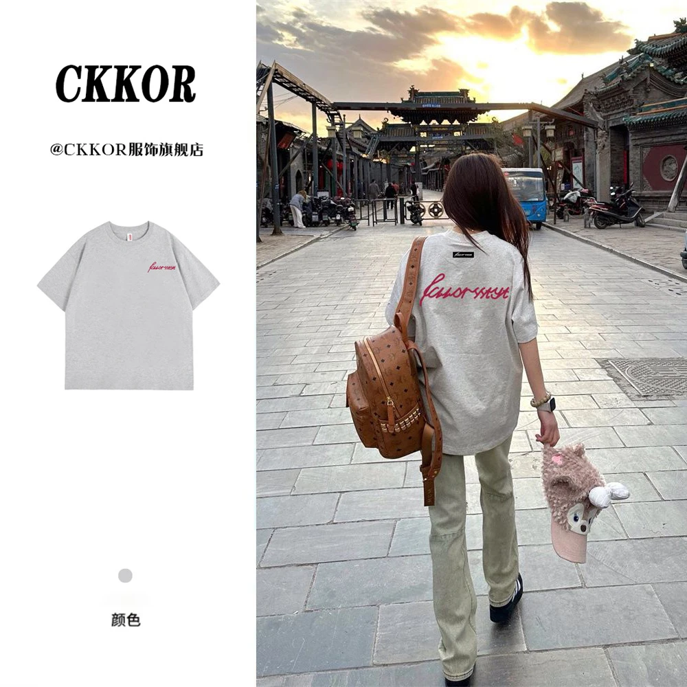 CKKOR休闲百搭ins宽松潮牌短袖t恤女小众印花设计感情侣美式圆领