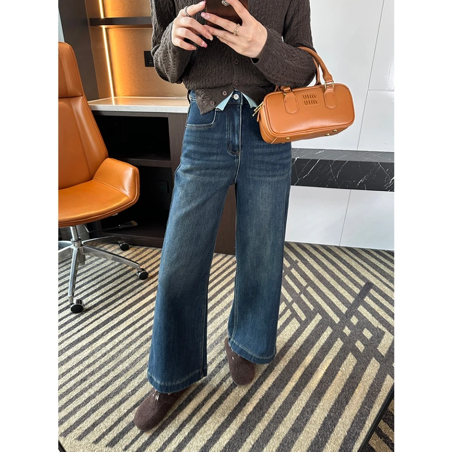 降温刚需~蓝色加绒阔腿牛仔裤女秋冬新款梨形身材宽松显瘦直筒裤