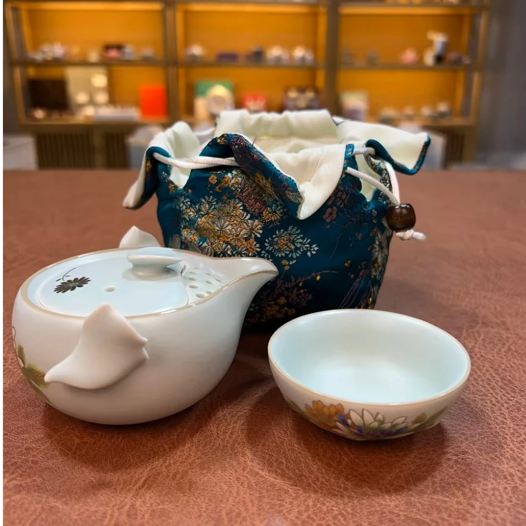 汝窑拔花手抓壶旅行套 +刺绣包kzh0018