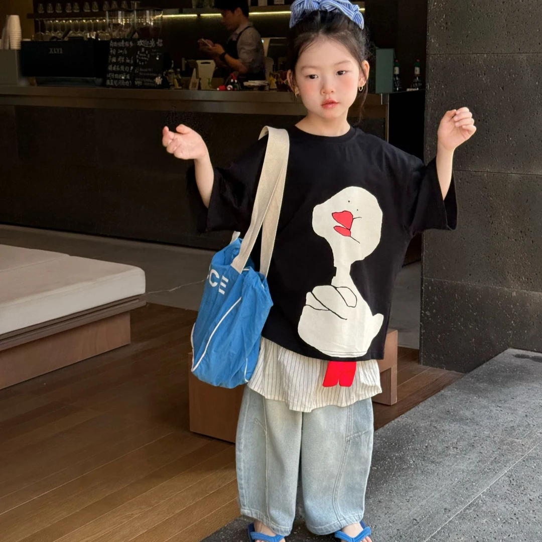 女童套头薄款萌宠鸭动漫短袖套装夏季新款男童宽松弯刀牛仔裤韩版