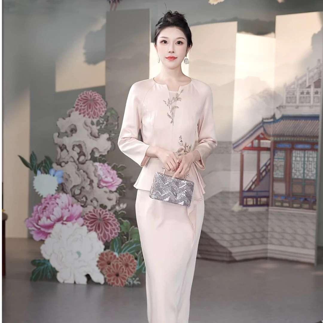 SUSSI/古色"金秋"时尚气质醋酸假两件刺绣连衣裙