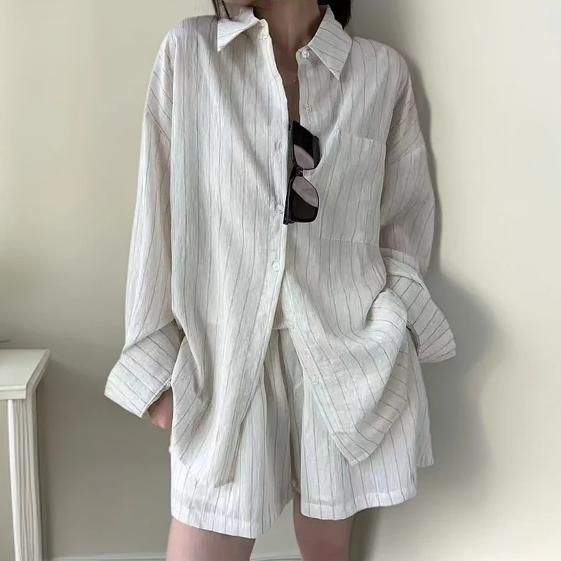 水洗亚麻混纺条纹衬衫加裤子老钱风松弛感慵懒短裤套装老钱风套装