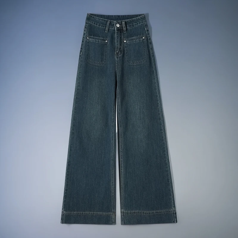 2313#新款秋冬加厚加绒季怀旧蓝弹力直筒宽松高腰显瘦牛仔裤女