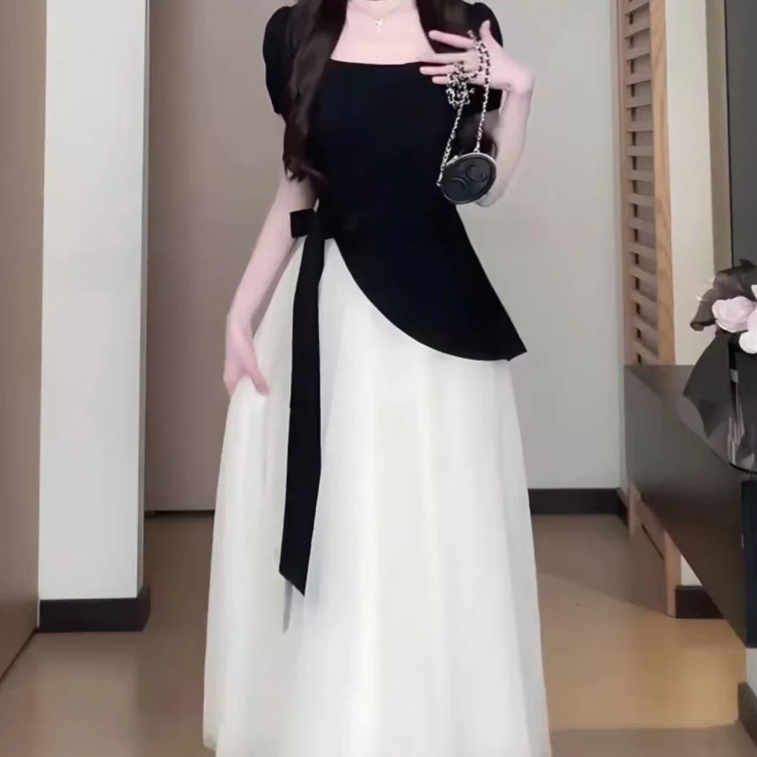 婷婷家女装蓬蓬裙法式茶歇风短袖小黑裙夏季显瘦掐腰飘带连衣裙