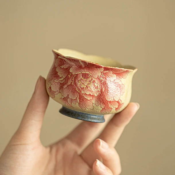 予迟器【国色牡丹】青花汝窑火石红茶杯主人杯品茗杯陶瓷茶具茶具