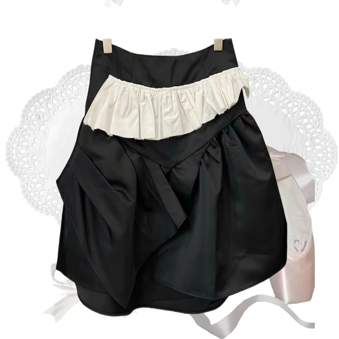 【安-黑莓裙】腰部不规则拼接蓬蓬裙拼接防风宽松空气感黑色半裙