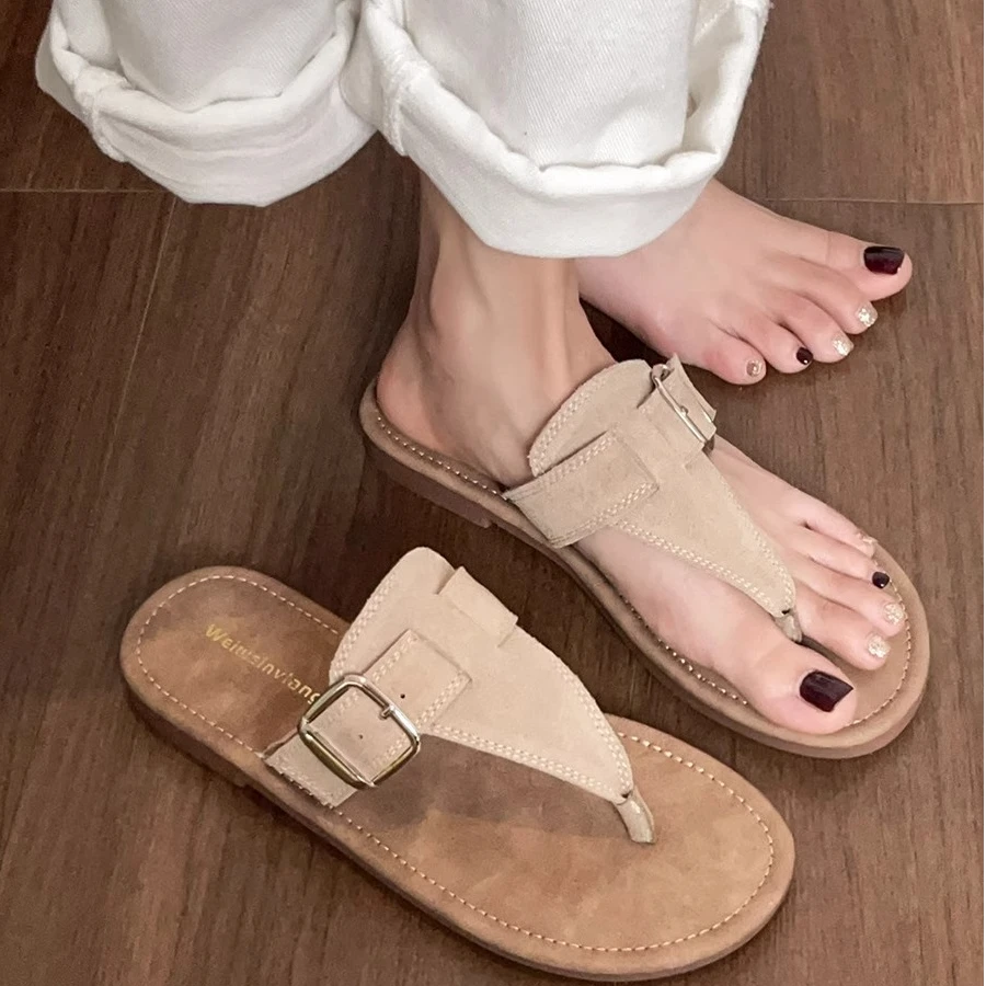 法式夹脚凉拖鞋女2025新款百搭外穿休闲真皮勃肯拖鞋平底沙滩凉鞋