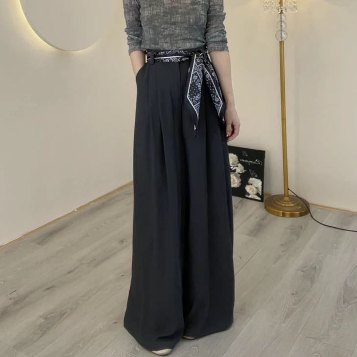 新款丝巾阔腿裤2025夏季新款设计感高腰西装裤超垂感直筒裤女