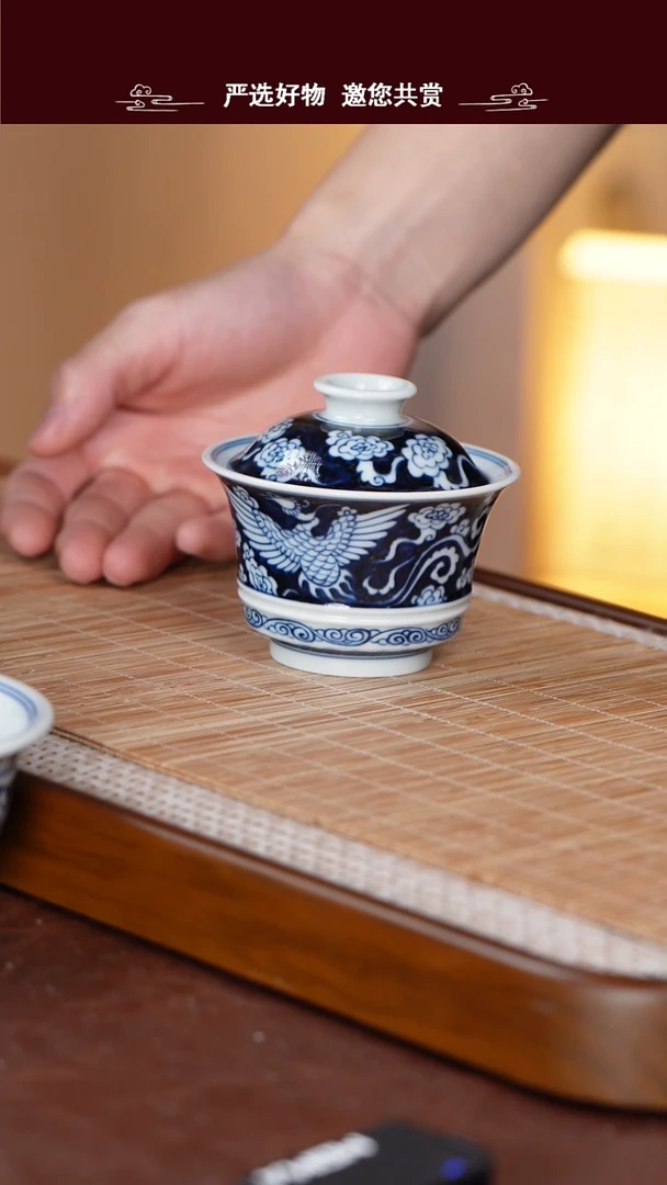 手工手绘青花盖碗