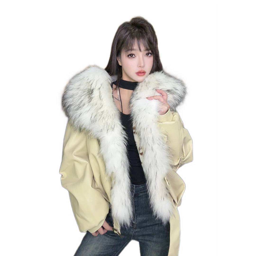 6135杏黄色INS风厚款常规款毛领不可拆短外套女装时尚冬季韩版