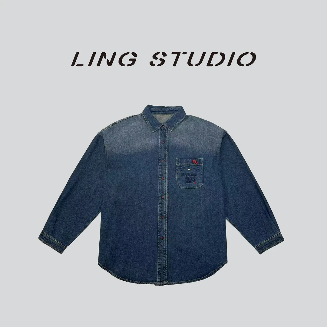 LING/STUDIO『口袋奇遇』新款百搭休闲刺绣宽松复古牛仔衬衫5121778