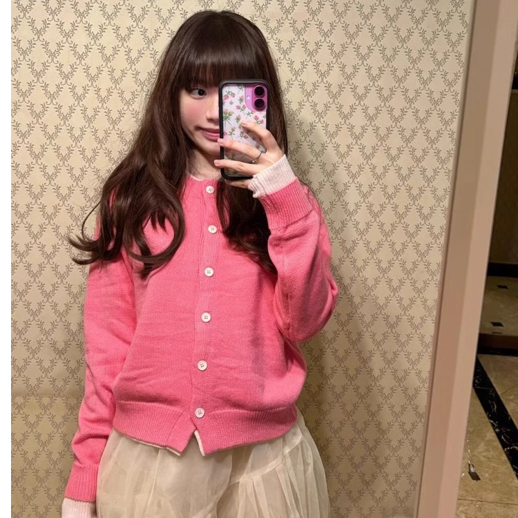 甜美风圆领假两件拼接长袖针织开衫女春季新款小众百搭毛衣外套潮