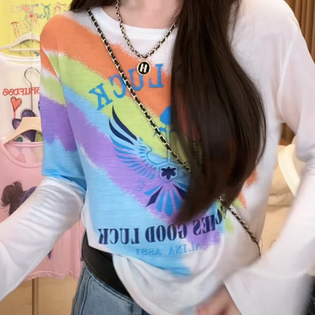 圆领套头上衣设计款彩虹字母图案2025夏款时尚百搭长袖防晒T恤女