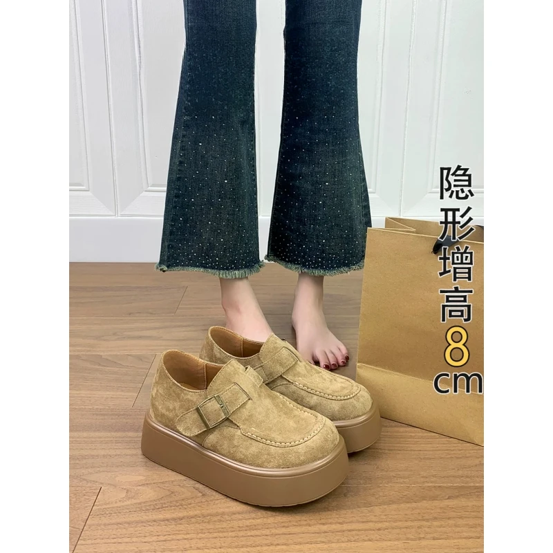 羊皮版~内增高鞋子松糕厚底勃肯鞋2025新款百搭小个子单鞋乐福鞋