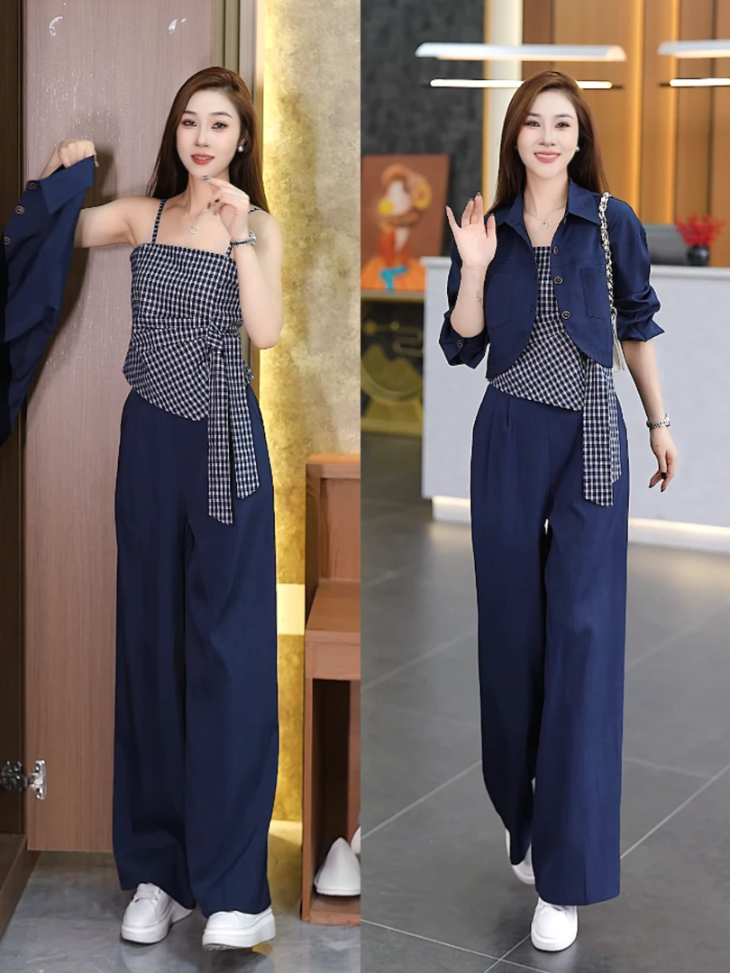 时尚休闲套装女长袖外套秋季新款洋气格子吊带阔腿裤减龄三件套