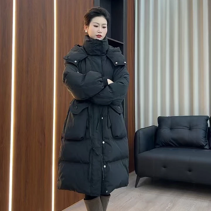 ZROCHYMUN新款加厚白鸭绒连帽收腰羽绒服拇指大口袋冬季时尚过膝