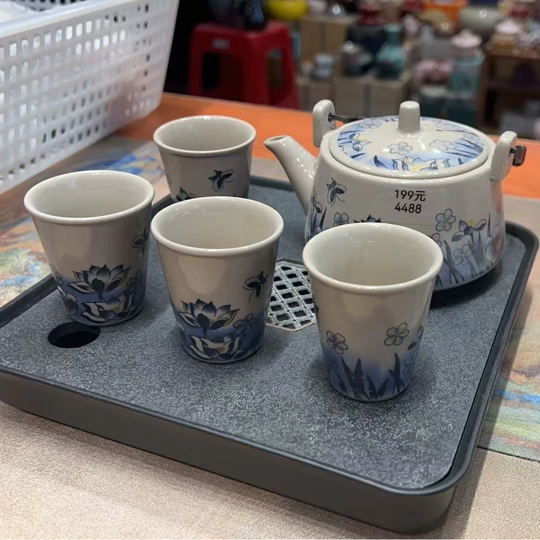 扬名茶器 青花荷韵荷花蝶恋花提梁壶四杯套装功夫茶具-2290