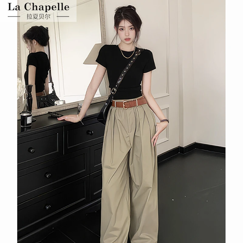 拉夏贝尔修身正肩t恤女短袖2025新黑色打底衫内搭半袖清冷系衣服