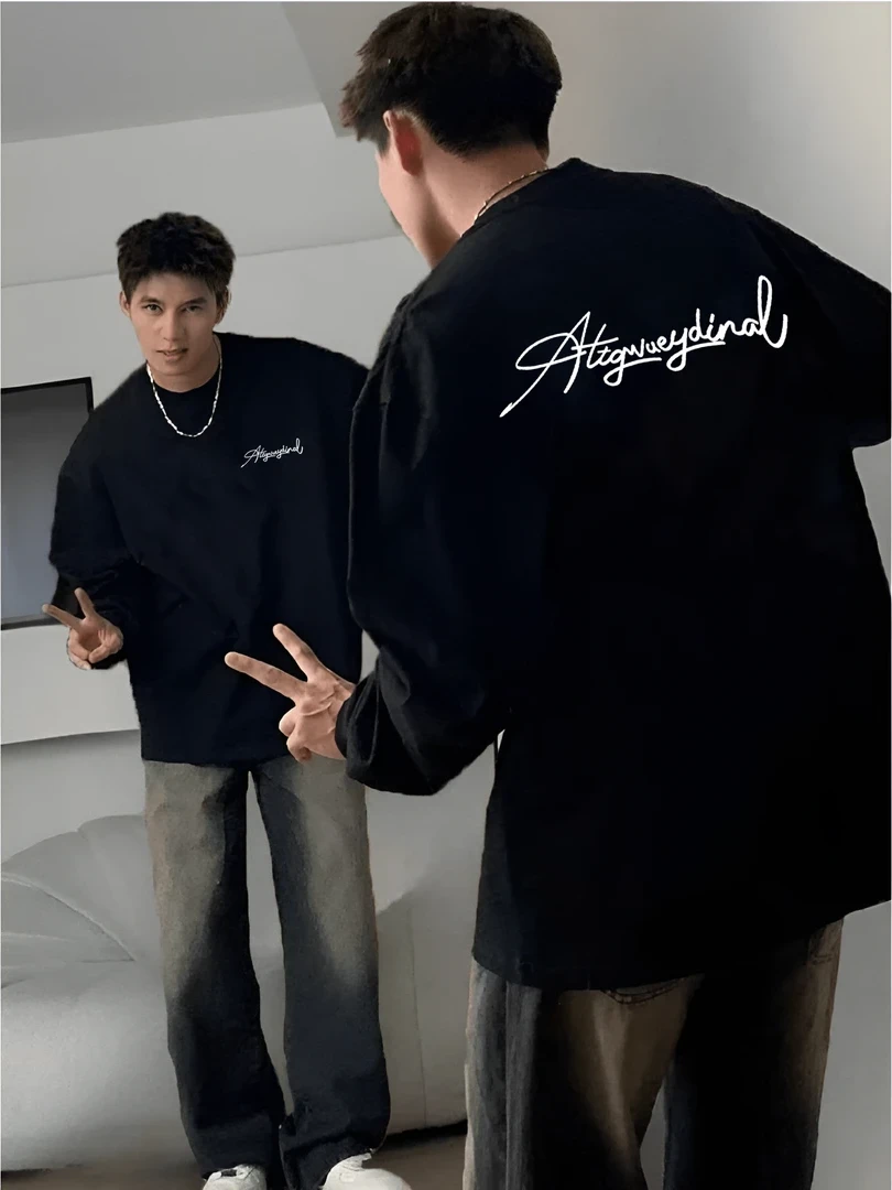 280g重磅纯棉长袖T恤男简约字母春秋休闲情侣装宽松潮流ins圆领