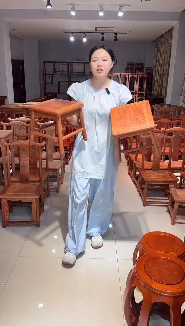 花梨木类家具圆腿小巴花小方凳一对打蜡