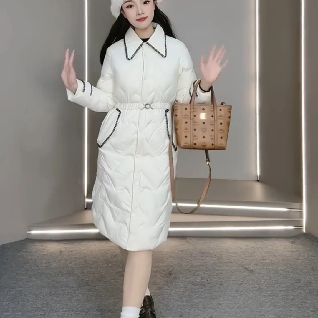 【小香拼接】小个子小香风米白收腰显瘦中长款羽绒服