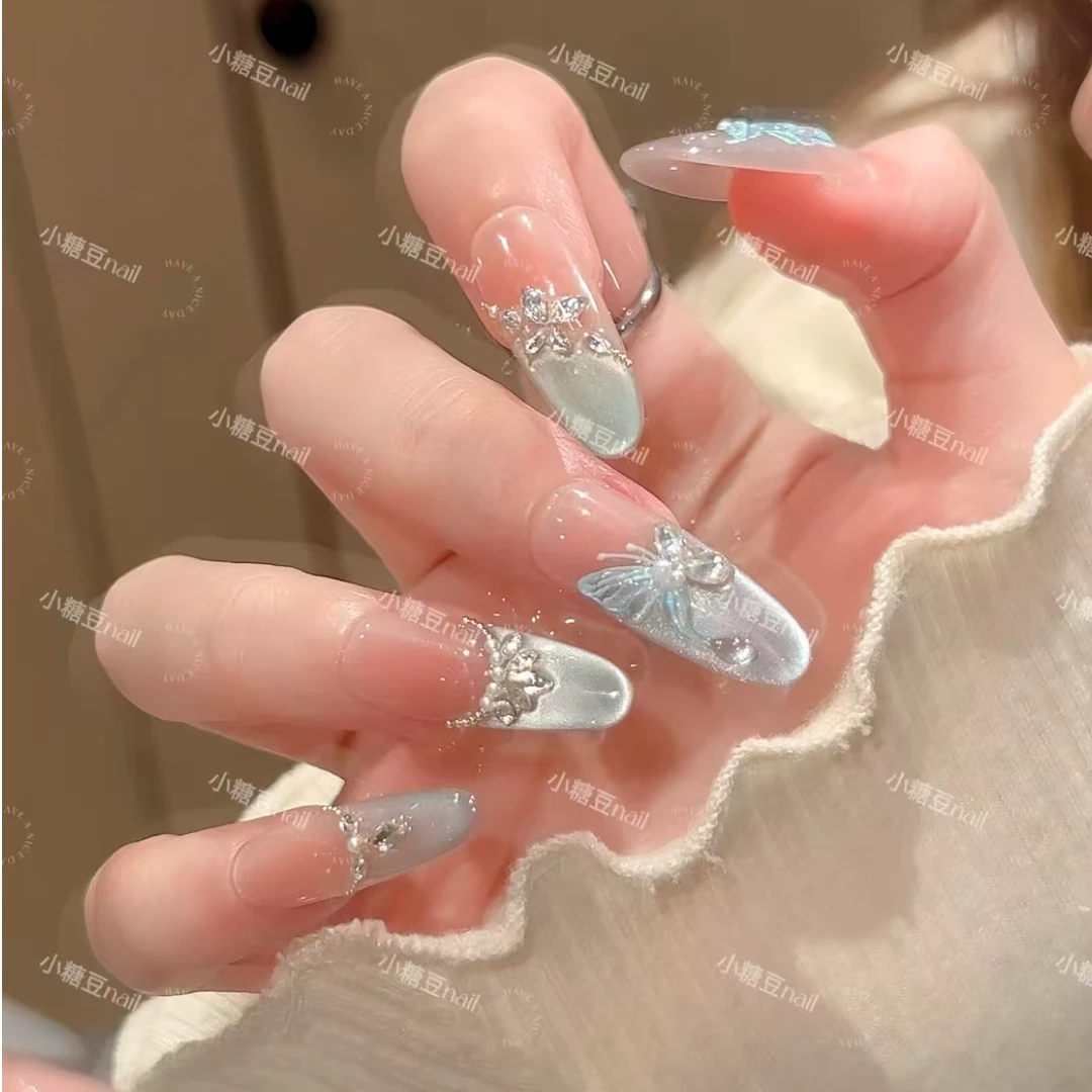 【青提蝴蝶】纯手工法式蓝色猫眼碎钻爆闪显白高级感穿戴甲美甲贴片