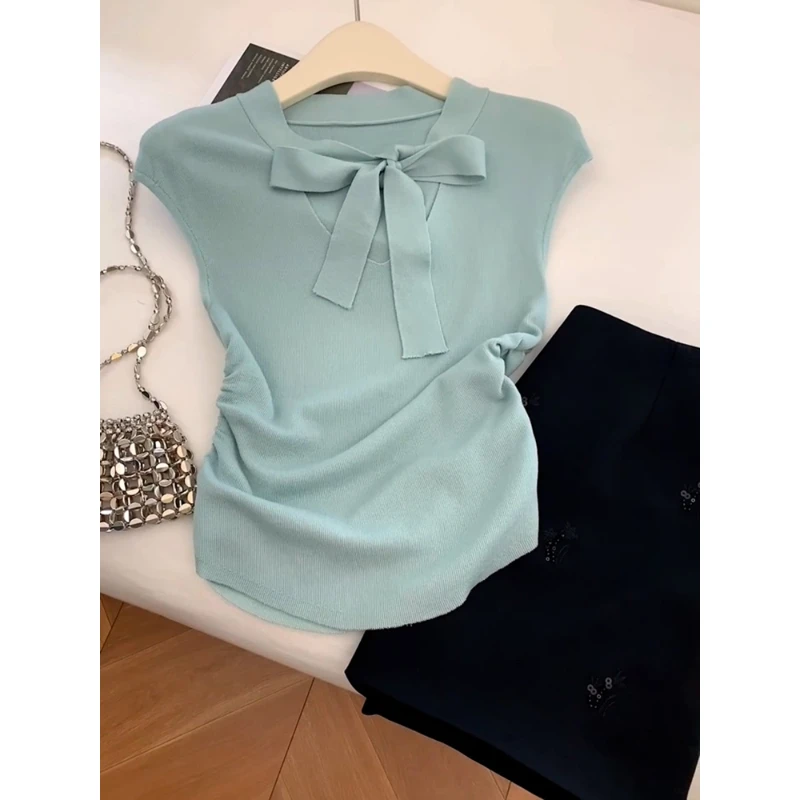 2025夏季新款多巴胺时尚洋气上衣独特超好看蓝色蝴蝶结针织t恤女