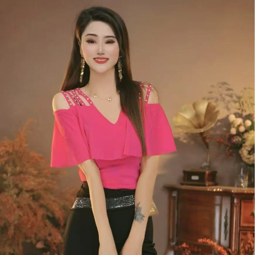 芳红6818新款气质v领短袖荷叶边上衣亮丝网纱t恤女时尚夏季半袖