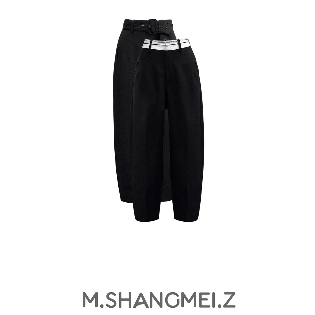 M.SHANGMEI.Z/沐熙美大哥秋季宽松黑色卡扣腰带休闲裤x0707