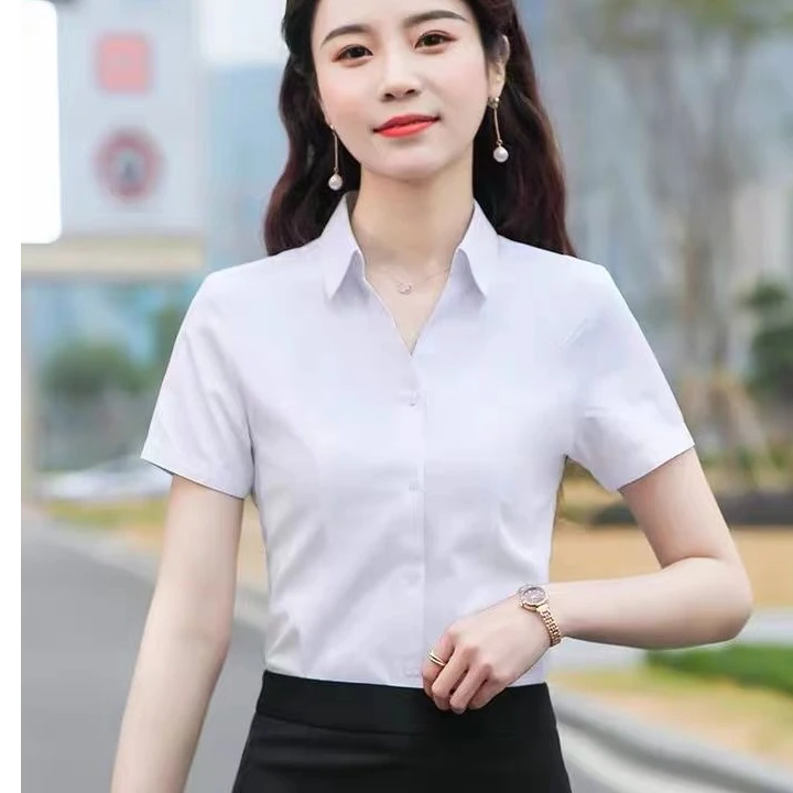 新款气质商务韩版简约衬衫女短袖夏季职业正装修身免烫V领衬衣女
